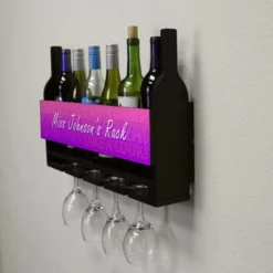 Outlet 👍 BarMan CUSTOMIZABLE Wall Mounted Wine Bottle & Glass Hanging Shelf W/ Fun Pink Plaque 🔥 -Barman Sales Store customizable wall wine glass hanging shelf bottles glasses side miss 700x700